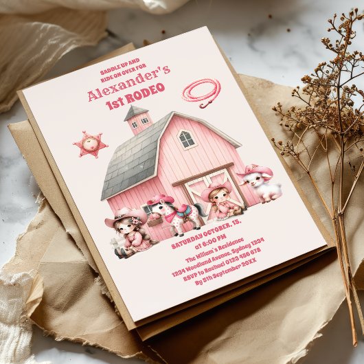 Roze Westerne Eerste verjaardag Rodeo Baby Girl Kaart