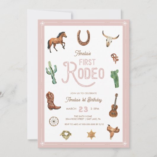 Roze Westerne Eerste verjaardag Rodeo Baby Girl Kaart (Voorkant)