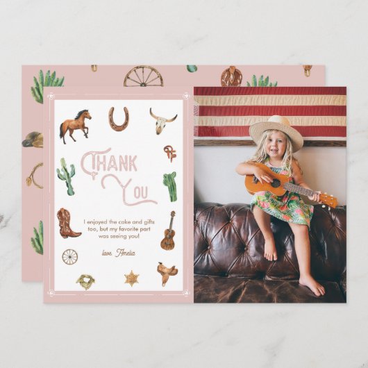 Roze Westerne Eerste verjaardag Rodeo Hartelijk da Bedankkaart (Voorkant / Achterkant)