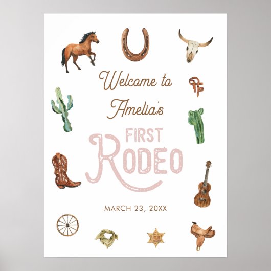 Roze Westerne Eerste verjaardag Rodeo Welkomstteke Poster (Voorkant)