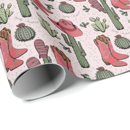 Roze Westerne Howdy Christmas Cowgirl Cadeaupapier (Rol Hoek)