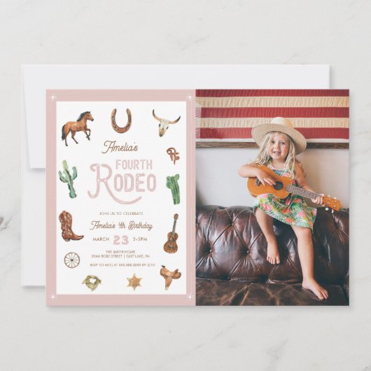Roze Westerne Vierde verjaardag Rodeo Baby Girl Kaart (Voorkant)