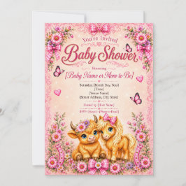Roze Westerse Hoogland Koe & Pony Baby Shower Kaart