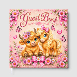 Roze Westerse Hooglandrund en Pony Baby Shower Gas Gastenboek