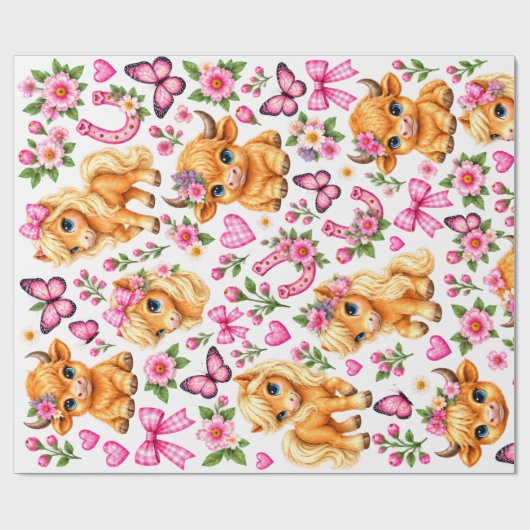 Roze Westerse Hooglandrund & Pony Inpakpapier Sh (Vlak)