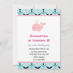 Roze Whale Birthday Party Invitation Kaart