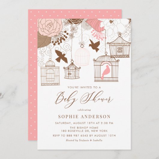 Roze Whimsical Birdcages Baby shower Invitation Kaart (Voorkant / Achterkant)