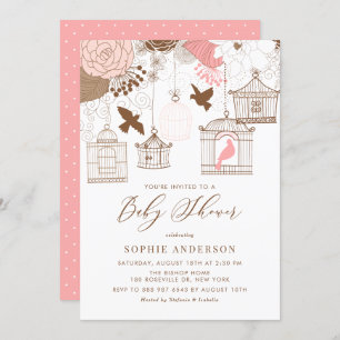 Roze Whimsical Birdcages Baby shower Invitation Kaart