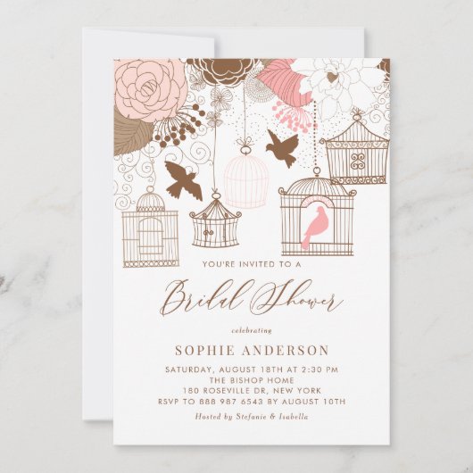 Roze Whimsical Birdcages Bridal Shower Invitation Kaart (Voorkant)