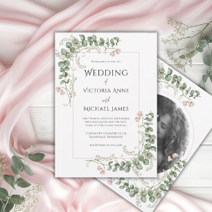 Roze Whimsical Bloem Foto Vintage Bruiloft Kaart