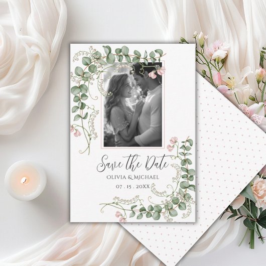Roze Whimsical Bloem Foto Vintage Save The Date