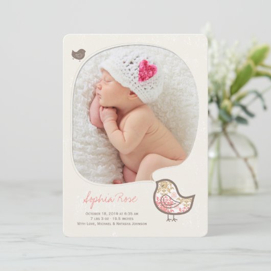 Roze Whimsical Chick Baby Girl Announement Aankondiging (Staand voorkant)