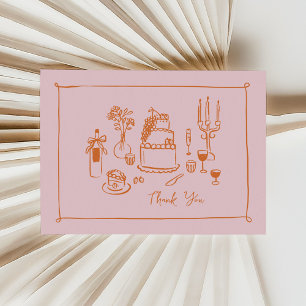 Roze Whimsical Doodle Handgetekende Dank Je Bedankkaart