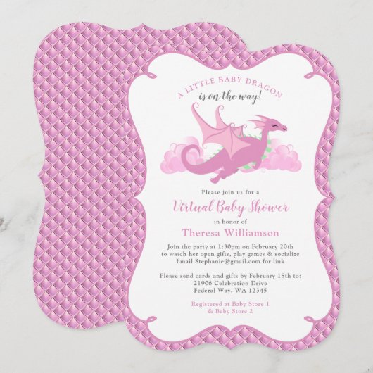 Roze Whimsical Dragon Virtual Baby shower Kaart (Voorkant / Achterkant)