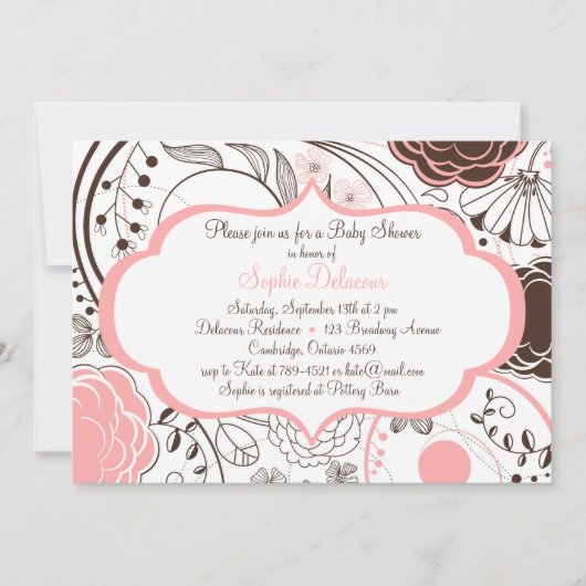 Roze Whimsical Flowers Baby Shower Invitations Kaart (Voorkant)
