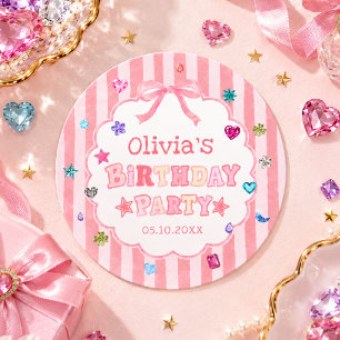 Roze Whimsical Geboortesticker met Edelsteen Ronde Sticker