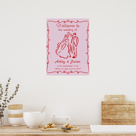 Roze Whimsical Hand getrokken bruiloft welkom teke Poster (Keuken)