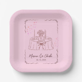 Roze Whimsical Handgetekende Geïllustreerde Huweli Papieren Bordje
