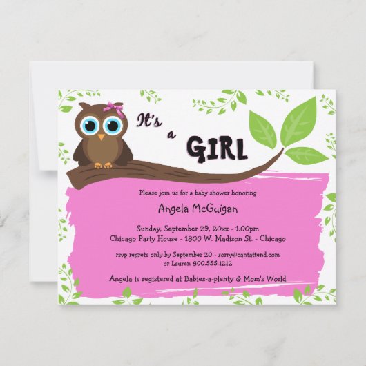 Roze Whimsical Owl Baby shower nodigt uit Kaart (Voorkant)
