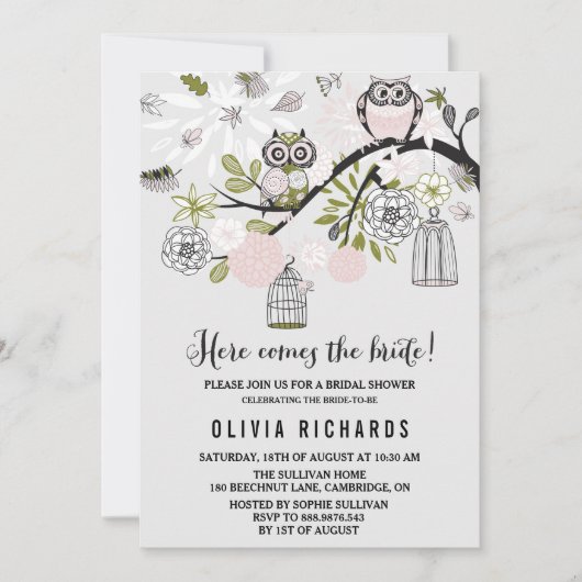 Roze Whimsical Owls Bridal Shower Invitation Kaart (Voorkant)