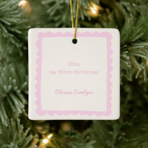 Roze Whimsical Rand Custom Baby Eerste Kerstmis Keramisch Ornament