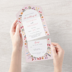 Roze Whimsical Wildflower Calligraphy Wedding All In One Uitnodiging
