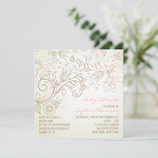 Roze  Whimsy Floral Baby Shower Invitations Kaart (Staand voorkant)