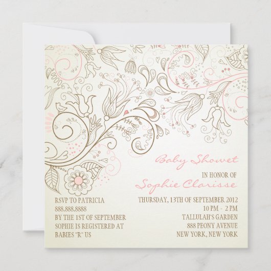 Roze Whimsy Floral Baby Shower Invitations Kaart (Voorkant)