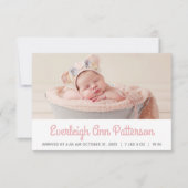 Roze White Baby Girl Aangepaste foto retro geboort Aankondiging (Voorkant)