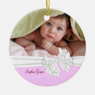 Roze & White Bow Baby Girl Fotoversiering Keramisch Ornament