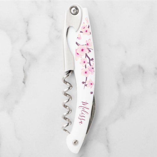 Roze White Cherry Blossom Monogram Kurkentrekker (Voorkant)