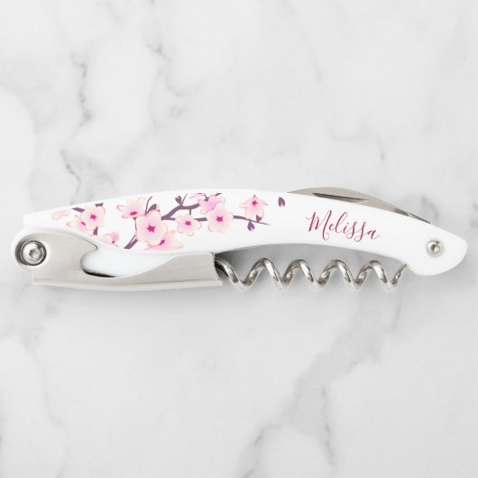 Roze White Cherry Blossom Monogram Kurkentrekker (Voorkant)