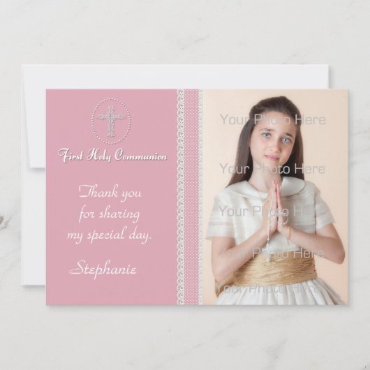 Roze White Cross Lace Religieuze Fotokaart Bedankkaart (Voorkant)