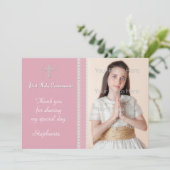 Roze White Cross Lace Religieuze Fotokaart Bedankkaart (Staand voorkant)