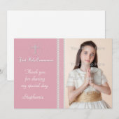 Roze White Cross Lace Religieuze Fotokaart Bedankkaart (Voorkant / Achterkant)