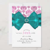 Roze & White Damask Blauwgroen Bow Glam Sweet 16 P Kaart (Voorkant)