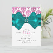 Roze & White Damask Blauwgroen Bow Glam Sweet 16 P Kaart (Staand voorkant)