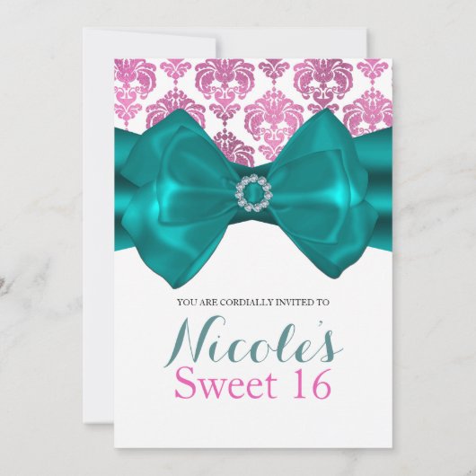 Roze & White Damask Blauwgroen Bow Glam Sweet 16 P Kaart (Achterkant)