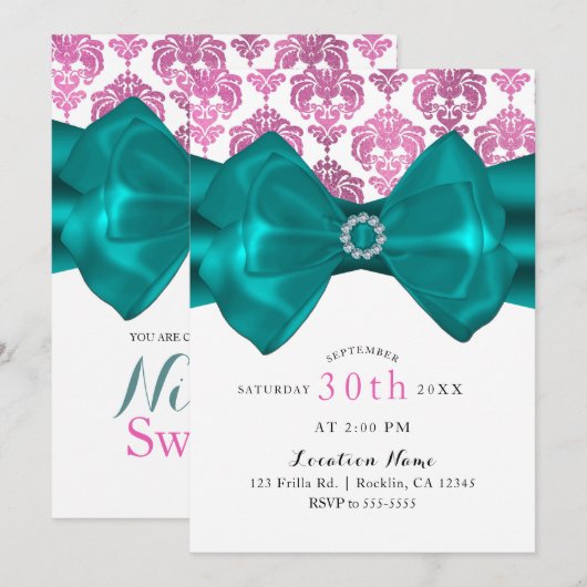 Roze & White Damask Blauwgroen Bow Glam Sweet 16 P Kaart (Voorkant / Achterkant)