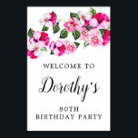 Roze White Floral 80th Birthday Party Welcome Poster<br><div class="desc">Een prachtig roze waterverf met roze roze en witte wand aan de bovenzijde van het scherm. De naam van de verjaardagsberoemde wordt geschreven in een zeer  en vrouwelijk manuscript. Twee lijnen boven en onder laten u uw welkome bericht aanpassen.</div>
