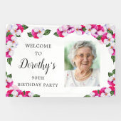 Roze White Floral 90th Birthday Welcome Spandoek (Horizontaal)