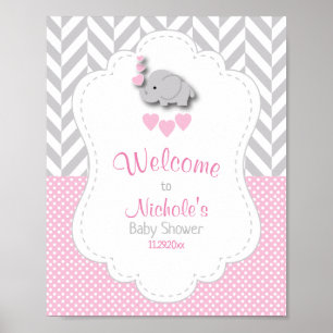 Roze, White Grey Elephant Baby shower Welkom Poster