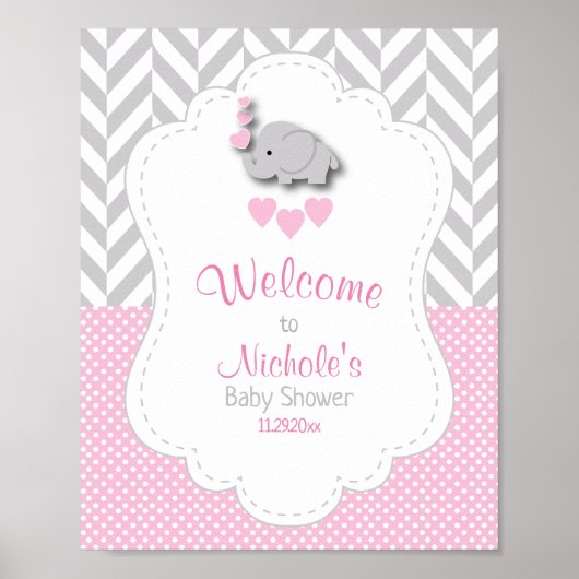 Roze, White Grey Elephant Baby shower Welkom Poster (Voorkant)