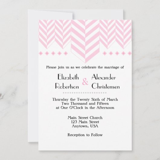 Roze White Herringbone Wedding Invitation Kaart (Voorkant)