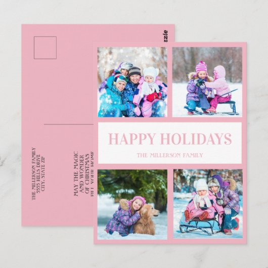 Roze White Multi Photo Kerstfeestay Greep Briefkaart (Voorkant / Achterkant)
