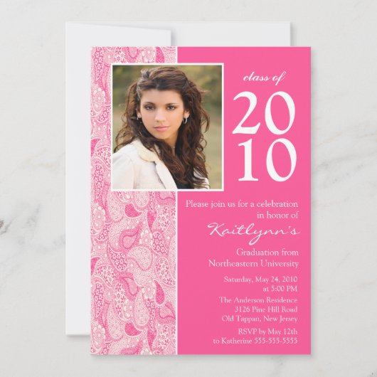 Roze & White Paisley Photo Afstuderen Invitation Kaart (Voorkant)