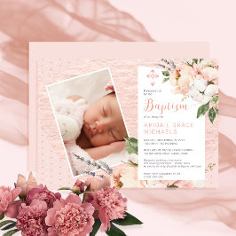 Roze | White Peony Blooms Girl Baby Photo Baptisme Kaart