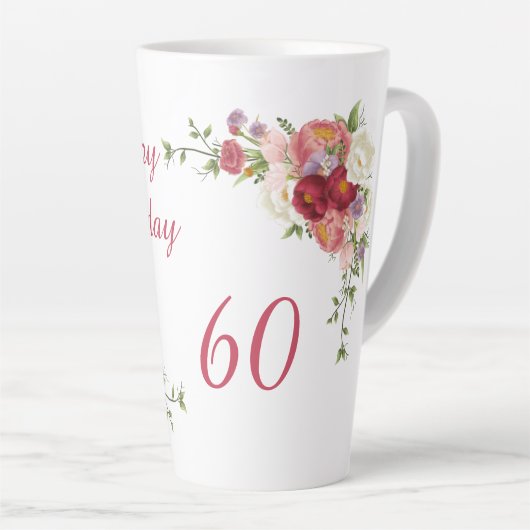 Roze White Peony Flower Happy Birthday Number Latte Mok (Rechterhoek)