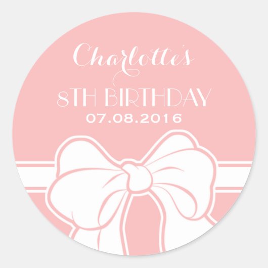 Roze White Ribbon Bow Girl Birthday Party Sticker (Voorkant)
