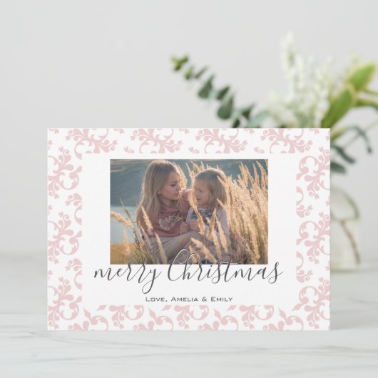 Roze White Rococo Merry kerstscript Foto Feestdagenkaart (Staand voorkant)